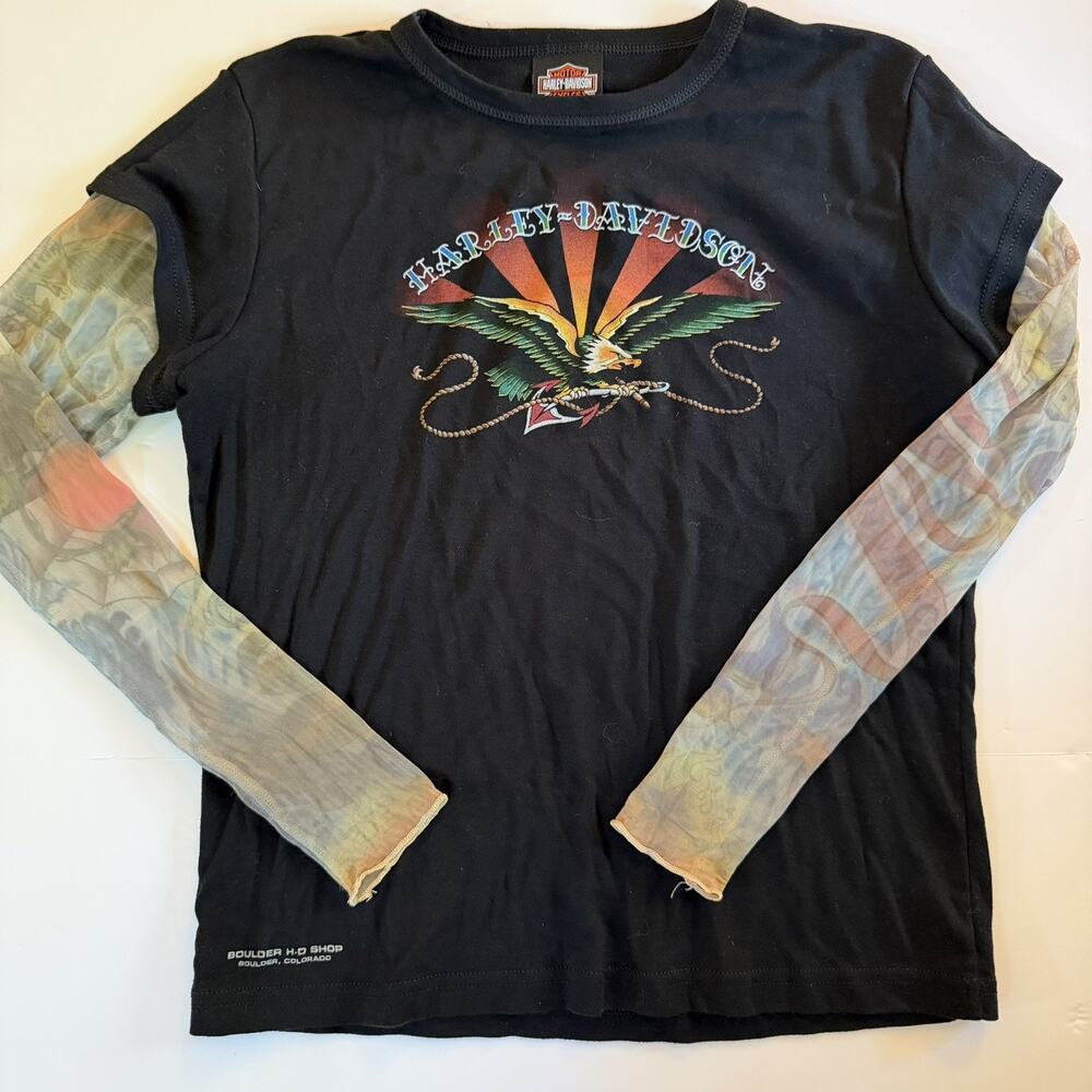 Harley Davidson Tattoo Mesh Long Sleeve Baby Tee Eagle Sunburst Sz L Boulder Y2K